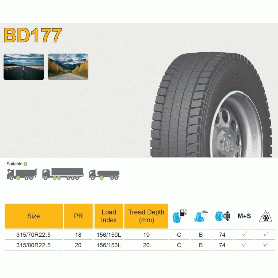 Гума ВЛЕКАЧ ЗАДНА за МЕГА, BD177, 150/147L, 18 PR, 295/60R22.5, магистрална