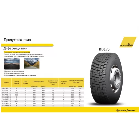 Гума ВЛЕКАЧ ЗАДНА BD175 регионална 315/70R22.5, 156/150L