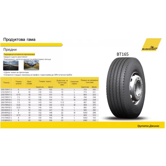 Гума ВЛЕКАЧ ПРЕДНА BT165, 315/80R22.5, 156/150L