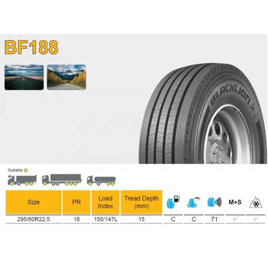 Гума ВЛЕКАЧ ПРЕДНА за МЕГА, BF188, 150/147L, 18 PR, 295/60R22.5, магистрална
